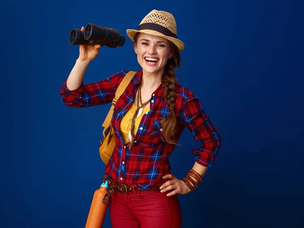 Happy Fit Tourist Woman Plaid Shirt Binoculars Blue — Stock Photo, Image