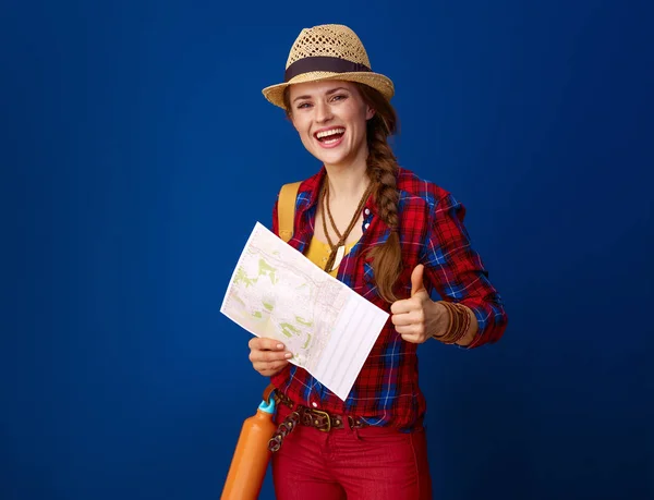 Happy Young Woman Hiker Backpack Map Showing Thumbs Blue Background — Stock Photo, Image