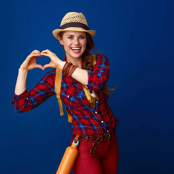 Happy Active Tourist Woman Plaid Shirt Showing Heart Shaped Hands — Stock Photo, Image