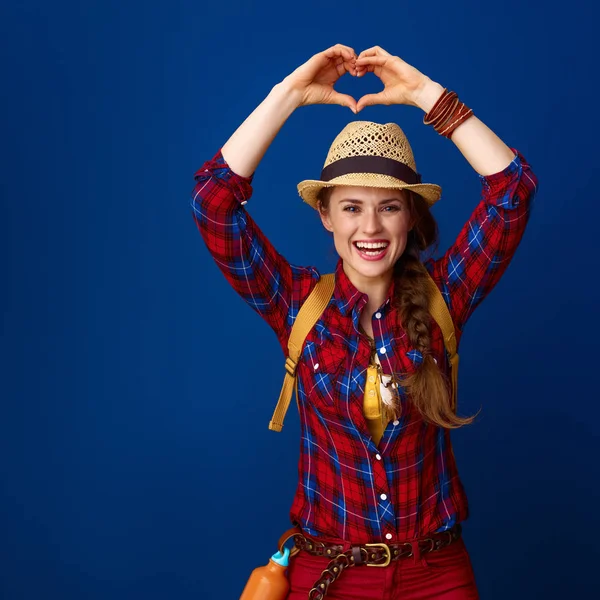 Happy Healthy Traveler Woman Plaid Shirt Showing Heart Shaped Hands — Stock Photo, Image