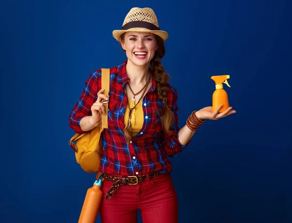 Happy Fit Woman Hiker Plaid Shirt Showing Spf Blue Background — Stock Photo, Image