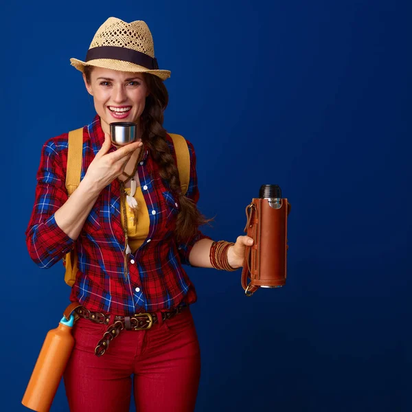 Happy Healthy Woman Hiker Plaid Shirt Drinking Hot Beverage Thermos — Stock Photo, Image