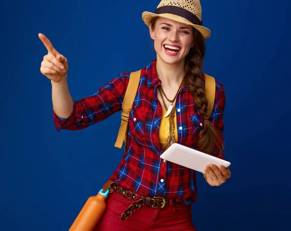 Happy Young Woman Hiker Plaid Shirt Tablet Pointing Something Blue — Stock Photo, Image