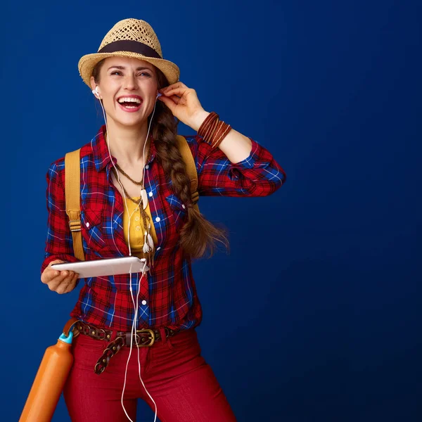 Smiling Adventure Woman Hiker Plaid Shirt Listening Music Blue Background — Stock Photo, Image