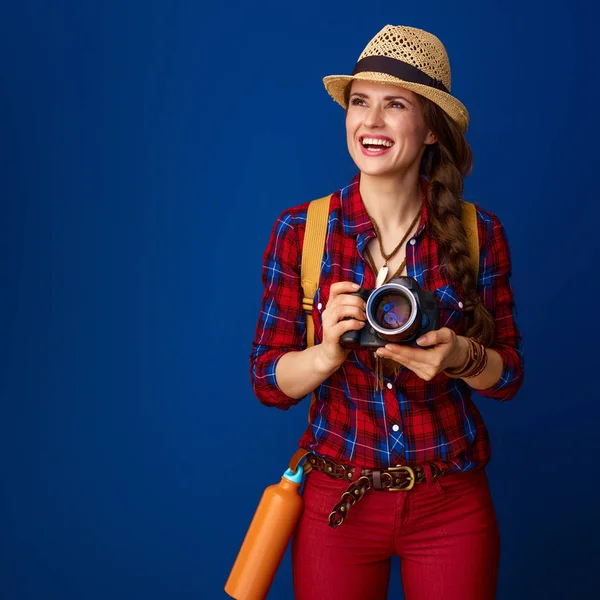 Happy Fit Traveler Woman Backpack Digital Camera — Stock Photo, Image