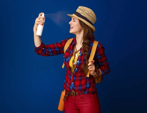 Happy Fit Tourist Woman Backpack Refreshing Water Spray — Stock Photo, Image