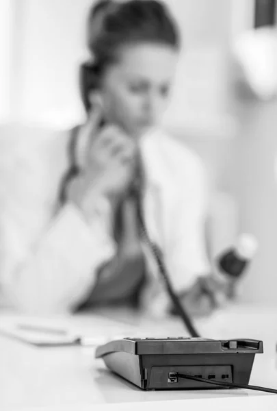 Closeup Medical Doctor Woman Medicine Bottle Talking Phone — Stock Photo, Image