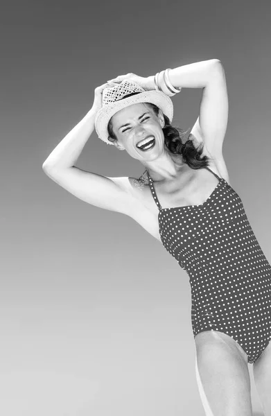 Happy Modern Woman Swimsuit Seacoast — Stock Photo, Image