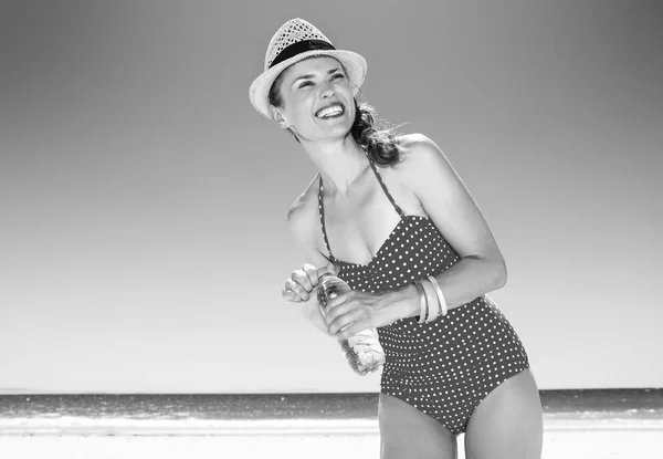 Happy Modern Woman Swimwear Beach Water Bottle Looking Distance — Stock Photo, Image