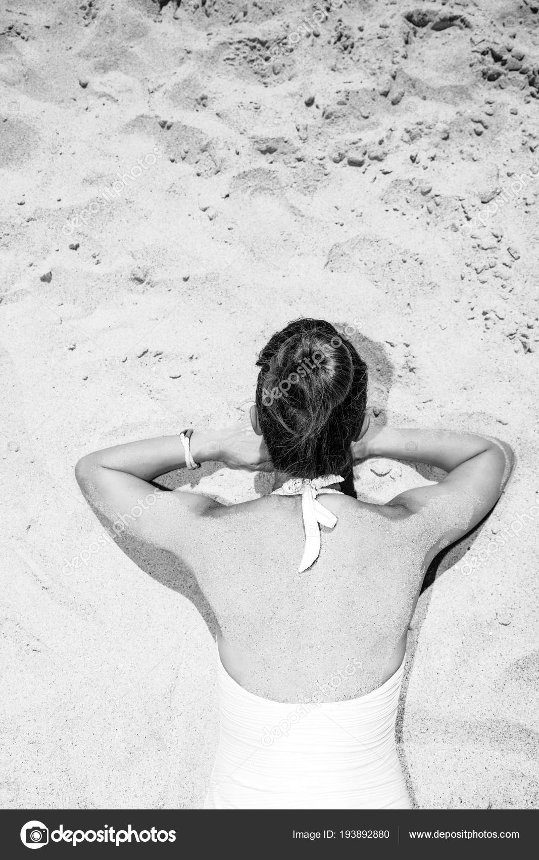 Fun White Sand Seen Modern Woman Swimwear Laying Seacoast — Stock