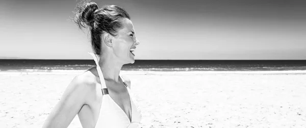 Fun White Sand Happy Young Woman Swimsuit Seashore Looking Distance — Stock Photo, Image