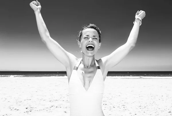 Fun White Sand Smiling Young Woman Beachwear Seashore Rejoicing — Stock Photo, Image