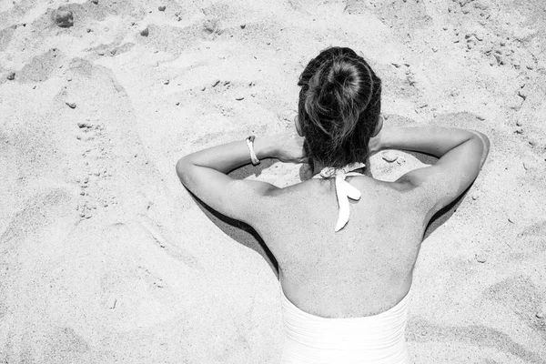 Fun White Sand Seen Modern Woman Swimsuit Laying Seashore — Stock Photo, Image