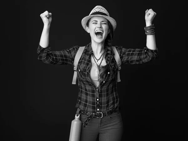 Smiling Healthy Traveler Woman Plaid Shirt Rejoicing — Stock Photo, Image