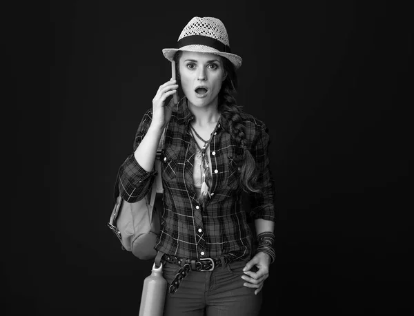 Shocked Woman Hiker Backpack Talking Mobile Phone — Stock Photo, Image