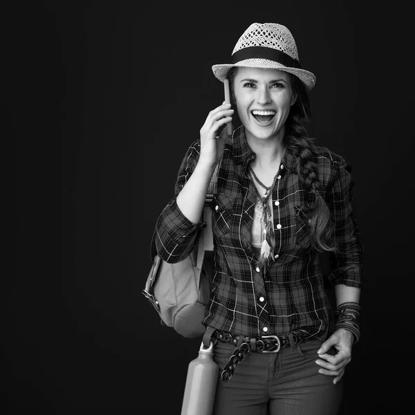 Surprised Adventure Excited Woman Hiker Plaid Shirt Using Smartphone — Stock Photo, Image