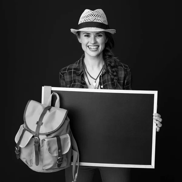 Happy Young Woman Hiker Plaid Shirt Showing Blank Board — Stock Photo, Image