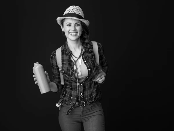 Smiling Young Woman Hiker Backpack Water Bottle — Stock Photo, Image