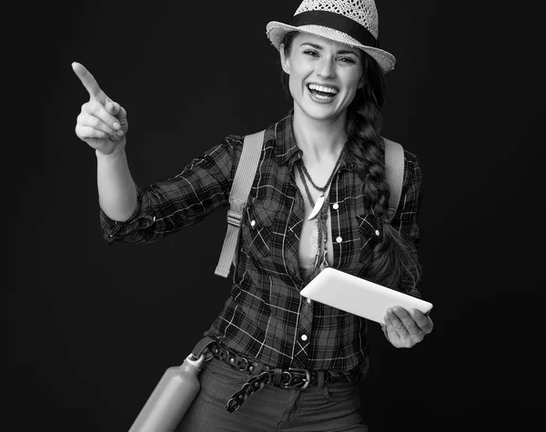 Happy Young Woman Hiker Plaid Shirt Tablet Pointing Something — Stock Photo, Image