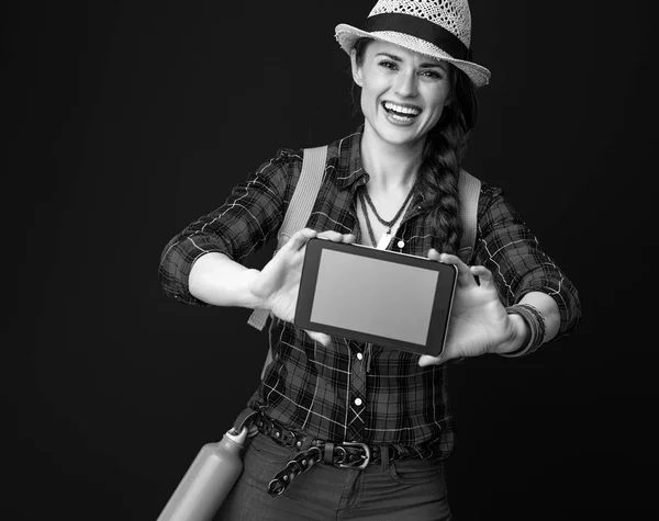 Happy Active Woman Hiker Plaid Shirt Showing Tablet Blank Screen — Stock Photo, Image