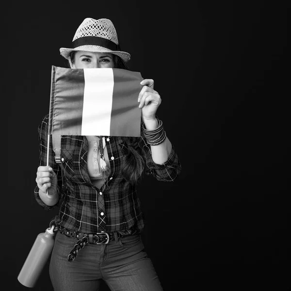 Active Traveler Woman Plaid Shirt Hiding Flag Italy — Stock Photo, Image