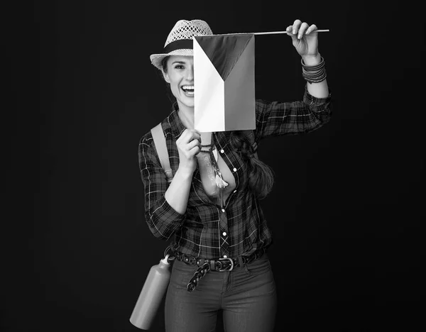 Smiling Active Tourist Woman Plaid Shirt Showing Flag Czech — Stock Photo, Image