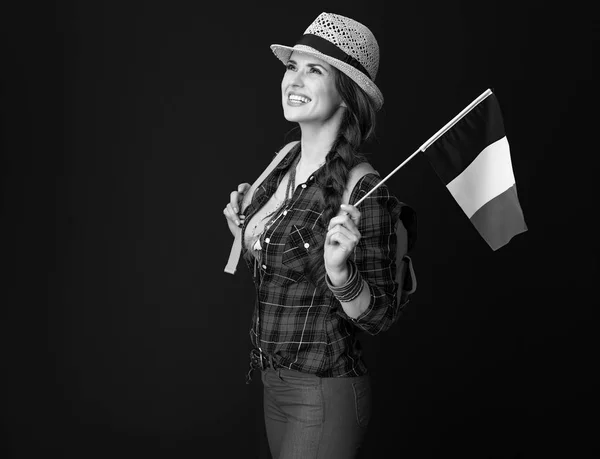 Glückliche Gesunde Reisende Kariertem Hemd Mit Der Französischen Fahne Die — Stockfoto