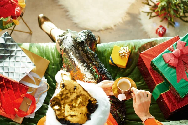 Dona de casa elegante ter xícara de café expresso no quarto no Natal — Fotografia de Stock