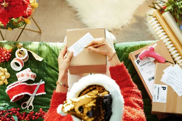 Stílusos nő küld csomagok szobában karácsonykor — Stock Fotó
