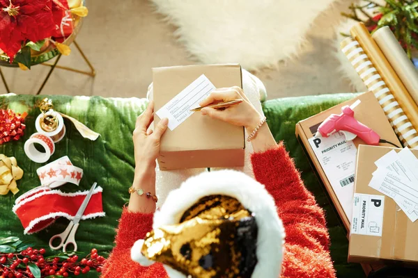 Şık bir kadın Noel 'de odaya paket gönderiyor. — Stok fotoğraf