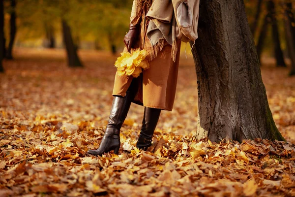 Κοντινό πλάνο σε γυναίκα με κίτρινα φύλλα έξω στο πάρκο φθινόπωρο — Φωτογραφία Αρχείου