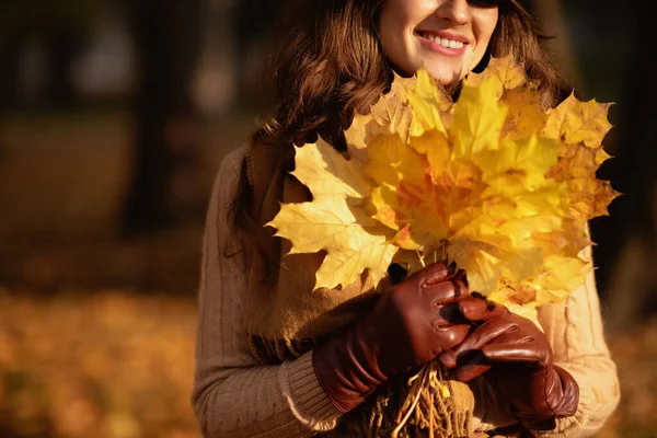 Gros plan sur la femme à l'extérieur dans le parc d'automne tenant des feuilles jaunes — Photo