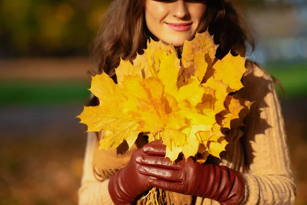 Κοντινό πλάνο σε γυναίκα με κίτρινα φύλλα σε εξωτερικούς χώρους το φθινόπωρο πάρκο — Φωτογραφία Αρχείου