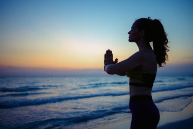 Akşamları deniz kıyısında yoga yapan spor elbiseli genç bir kadının silueti..