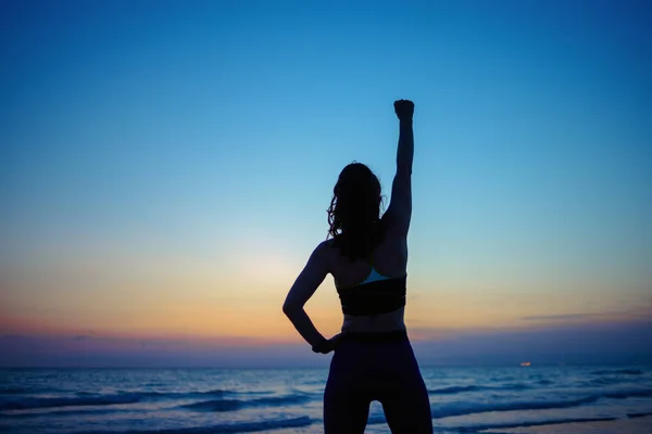 Βλέποντας Από Πίσω Υγιή Γυναίκα Ρούχα Γυμναστικής Στη Θάλασσα Βράδυ — Φωτογραφία Αρχείου