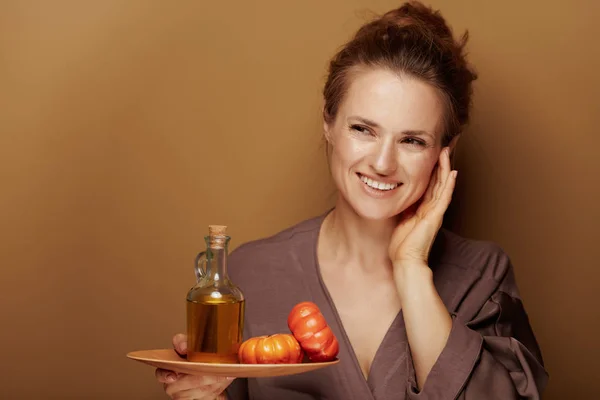 Hello Autumn Portrait Smiling Young Woman Bathrobe Showing Pumpkin Oil — Stock Photo, Image