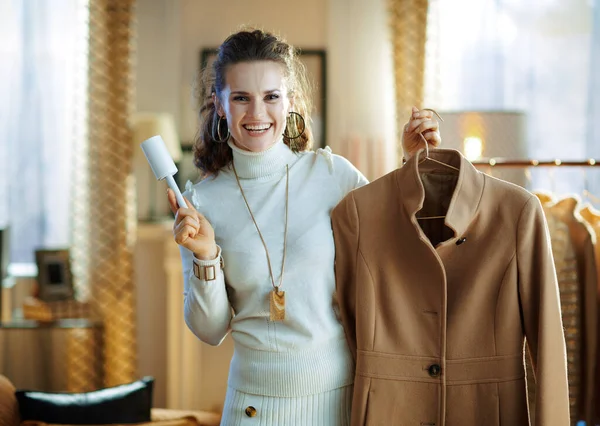 Preparing Cold Season Smiling Stylish Years Old Woman White Sweater — Stock Photo, Image