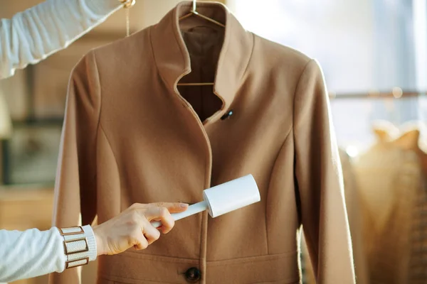 Preparing Cold Season Closeup Housewife White Sweater Cleaning Coat Hanger — Stock Photo, Image