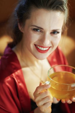 Güneşli bir günde modern oturma odasında siyah iç çamaşırlı, kırmızı bornozlu ve yeşil çaylı zarif bir kadının portresi..