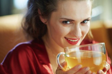 Çağdaş, orta yaşlı, siyah iç çamaşırlı ve kırmızı bornozlu bir kadın, güneşli bir günde modern bir evde yeşil çay içiyor..