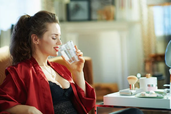 Happy Middle Age Woman Black Body Lingerie Red Bathrobe Drinking — Stock Photo, Image