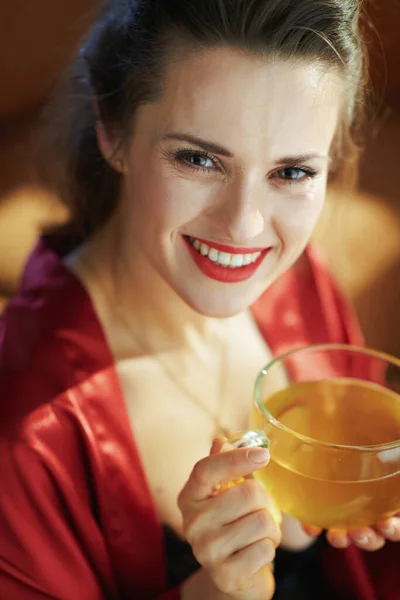 Retrato Mulher Elegante Sorridente Lingerie Corpo Preto Roupão Banho Vermelho — Fotografia de Stock