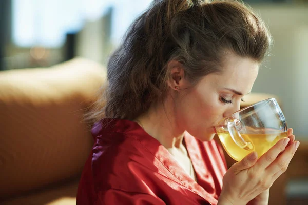 Ontspannen Elegante Jaar Oude Vrouw Zwart Lichaam Lingerie Rode Badjas — Stockfoto