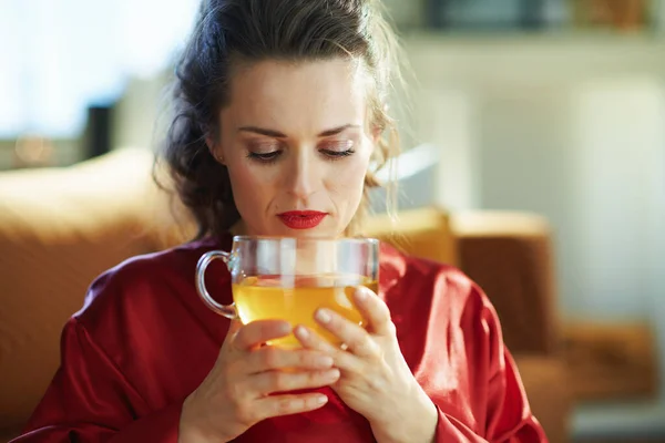 Middle Age Housewife Black Body Lingerie Red Bathrobe Modern Home — Stock Photo, Image