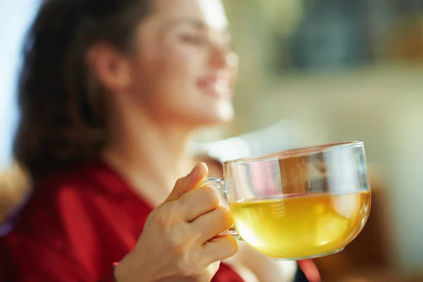 Sluiten Gelukkig Vrouwtje Met Kopje Groene Thee Thuis Zonnige Dag — Stockfoto