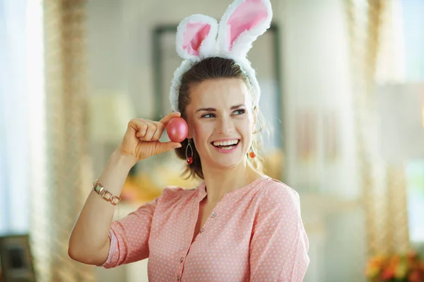 Smiling Elegant Years Old Housewife Pink Blouse Easter Bunny Ears — Stock Photo, Image