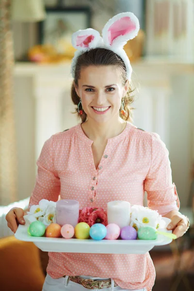 Happy Elegant Housewife Pink Blouse Easter Bunny Ears Modern Living — Stock Photo, Image