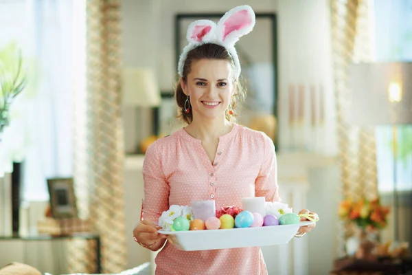 Smiling Middle Age Housewife Pink Blouse Easter Bunny Ears Easter — Stock Photo, Image