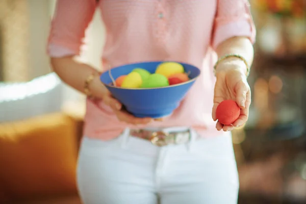 Closeup Woman Holding Blue Plate Colorful Easter Eggs Showing Red — Stock Photo, Image