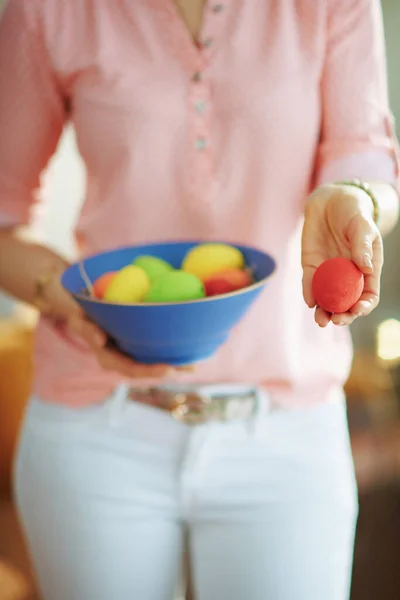 Closeup Female Holding Blue Plate Colorful Easter Eggs Showing Red — Stock Photo, Image